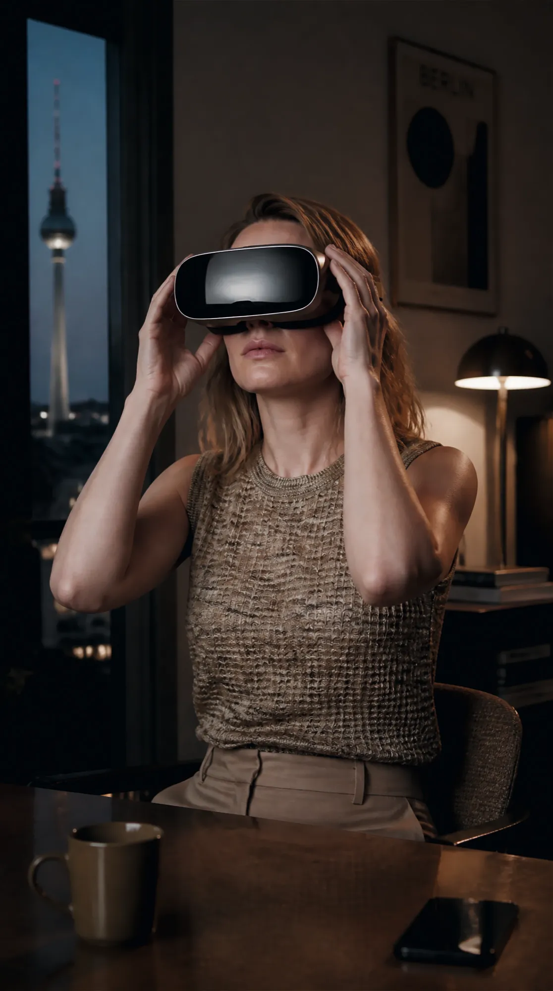 Eine Frau setzt sich mit beiden Händen eine VR-Brille auf, hinter ihr ein abgedunkelter Raum mit Stehlampe.